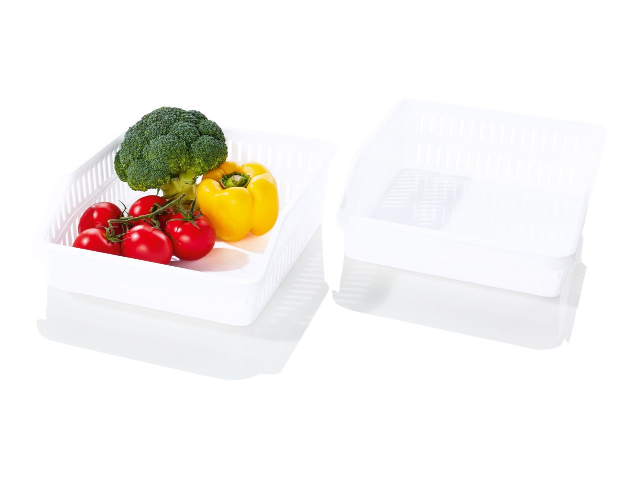 Two clear plastic food storage containers, one with vegetables.