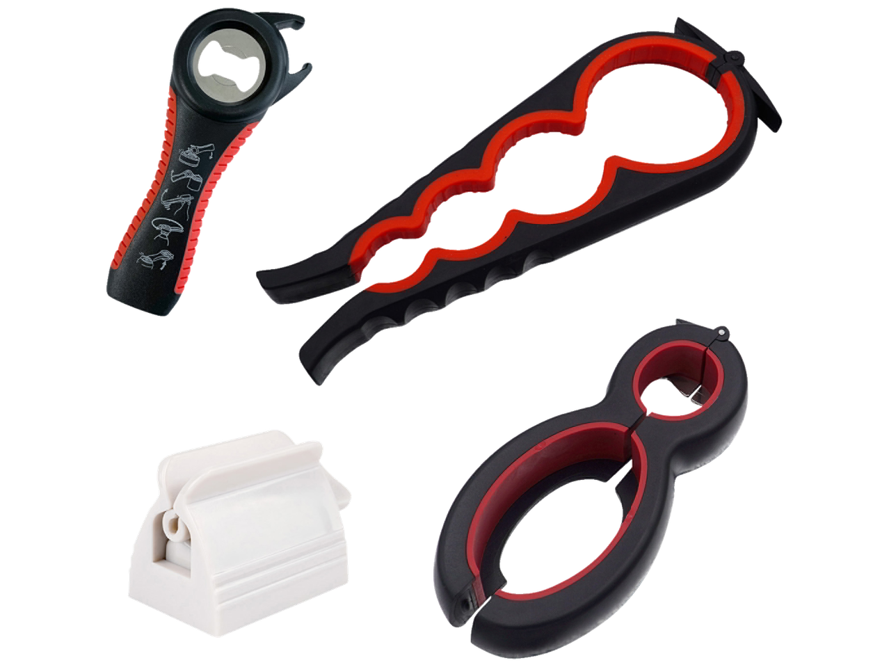 Ridder daugiafunkciniai pagalbininkai: Juodai raudonų butelių ir stiklainių atidarytuvų rinkinys ir baltas tūbelių spaustukas.