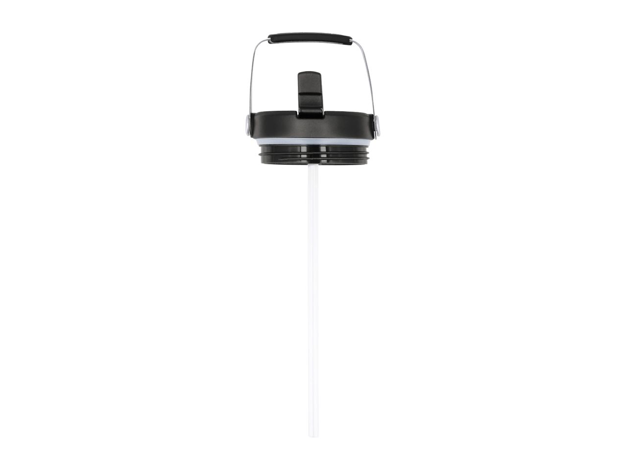 Black bottle lid with a handle and a clear straw attached, on a white background.