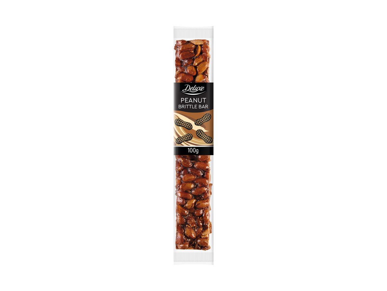 Peanut brittle bar in clear packaging with a black label, 100g.