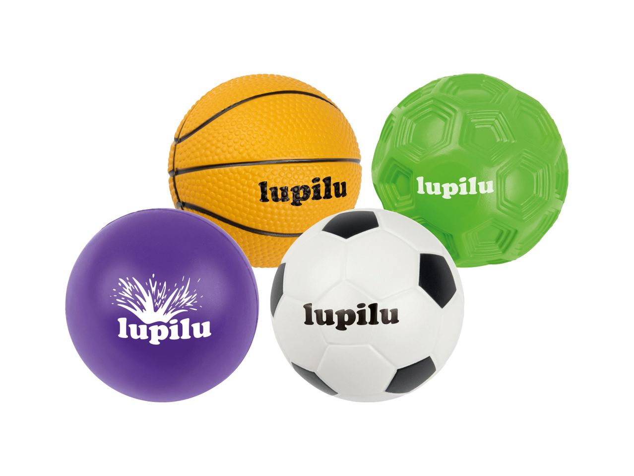 Vier bunte Spielbälle: Basketball, Fußball, grüner und violetter Ball mit Schriftzug.