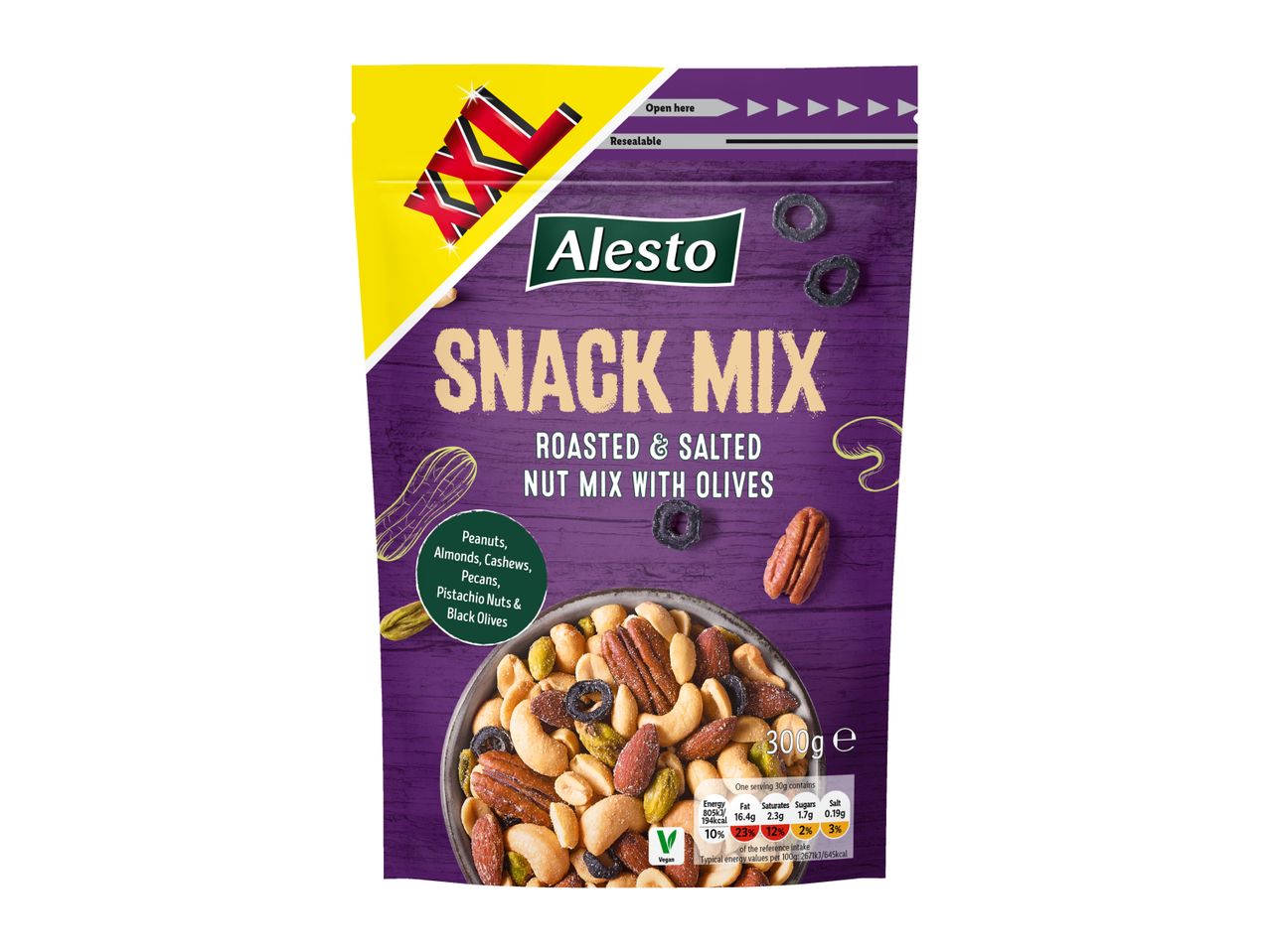 Alesto XXL Snack Mix: Roasted & Salted Nut Mix with Olives - 300g bag.