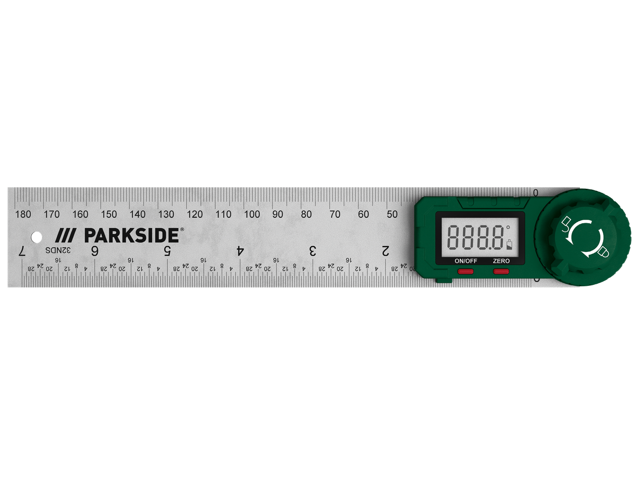 Дигитален ъгломер с линийка, показващ ъгъл от 888.8 градуса.