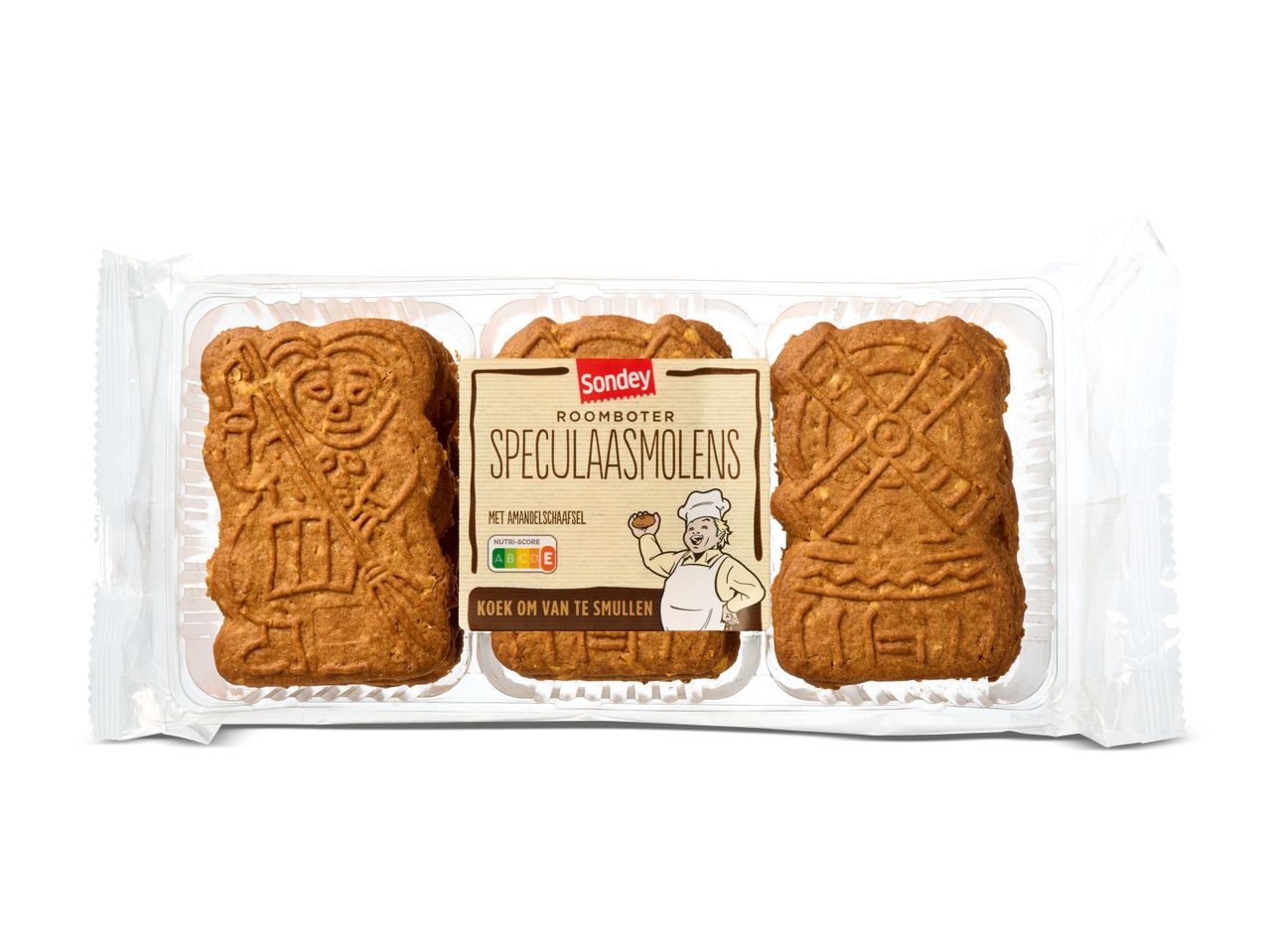 Sondey Speculaasmolens: drie speculaasjes in de vorm van een gingerbread man en een windmolen.
