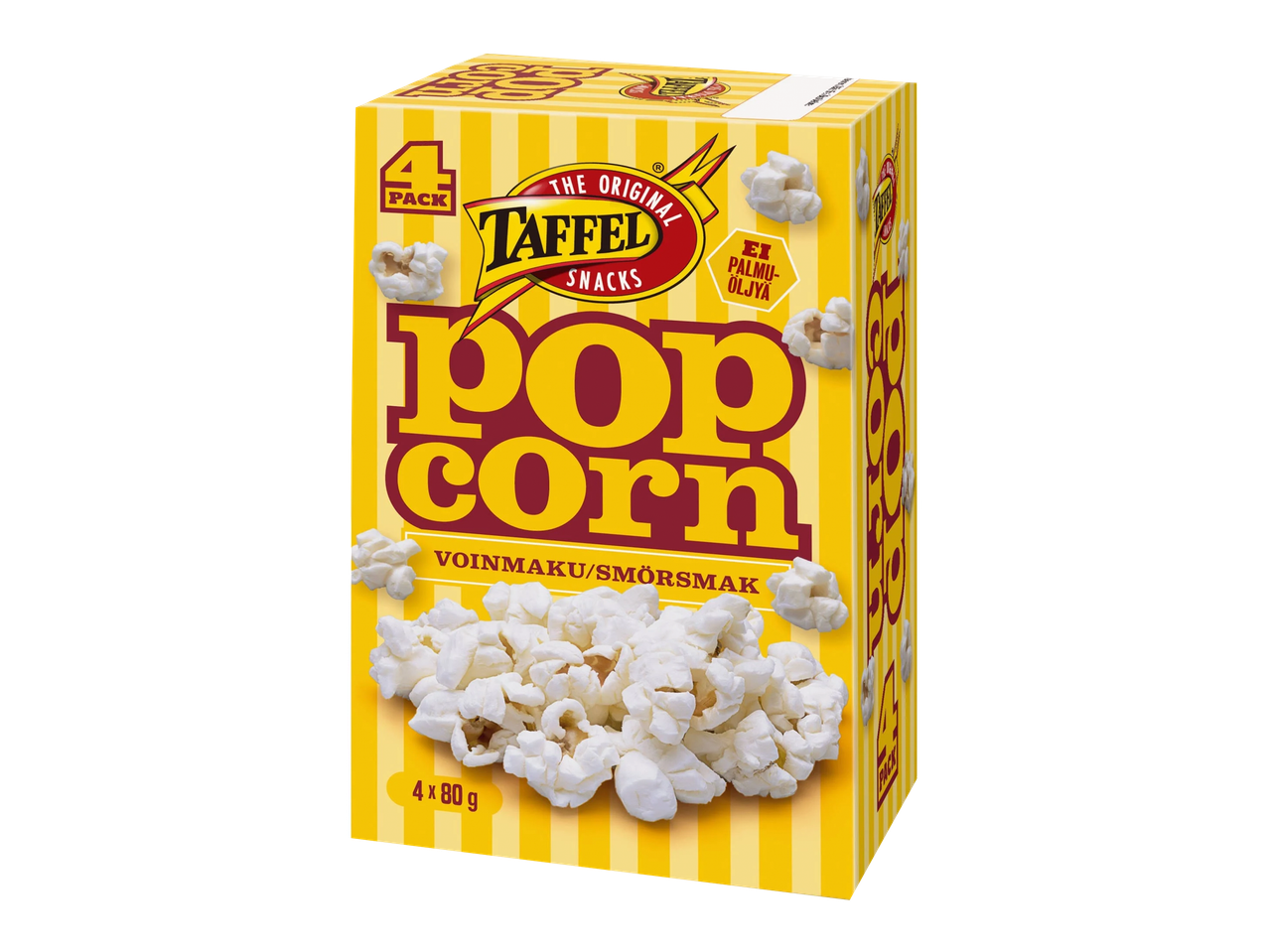 Popcorn-pakkaus, jossa on neljä pussia voinmakuista popcornia.