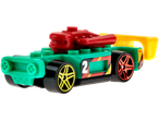 Carro de brinquedo Hot Wheels verde, vermelho e amarelo, com o número 2 na lateral.