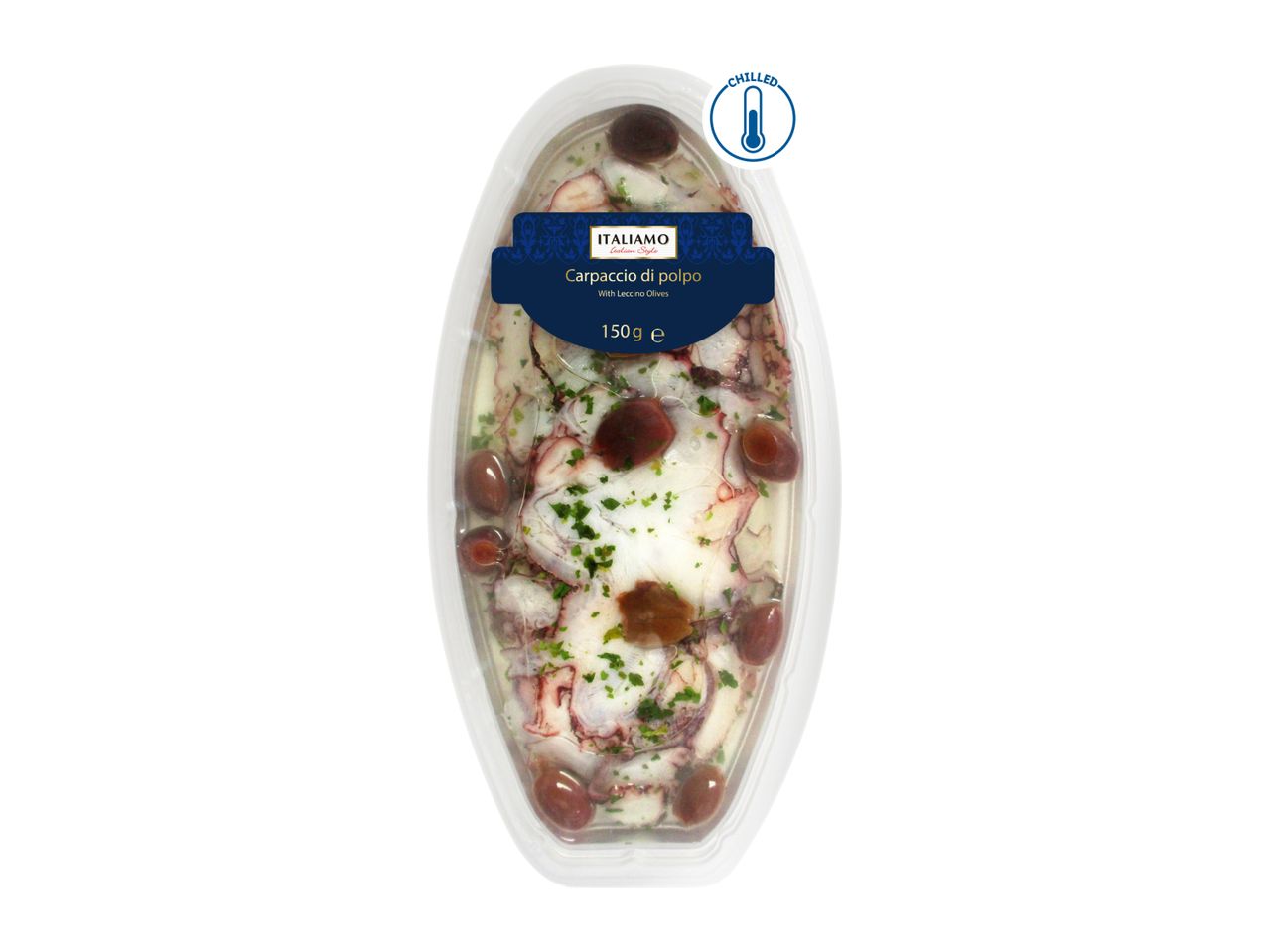 Chilled octopus carpaccio with Leccino olives, 150g