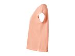 Side view of a plain peach-colored women's short-sleeved top with a small side slit.