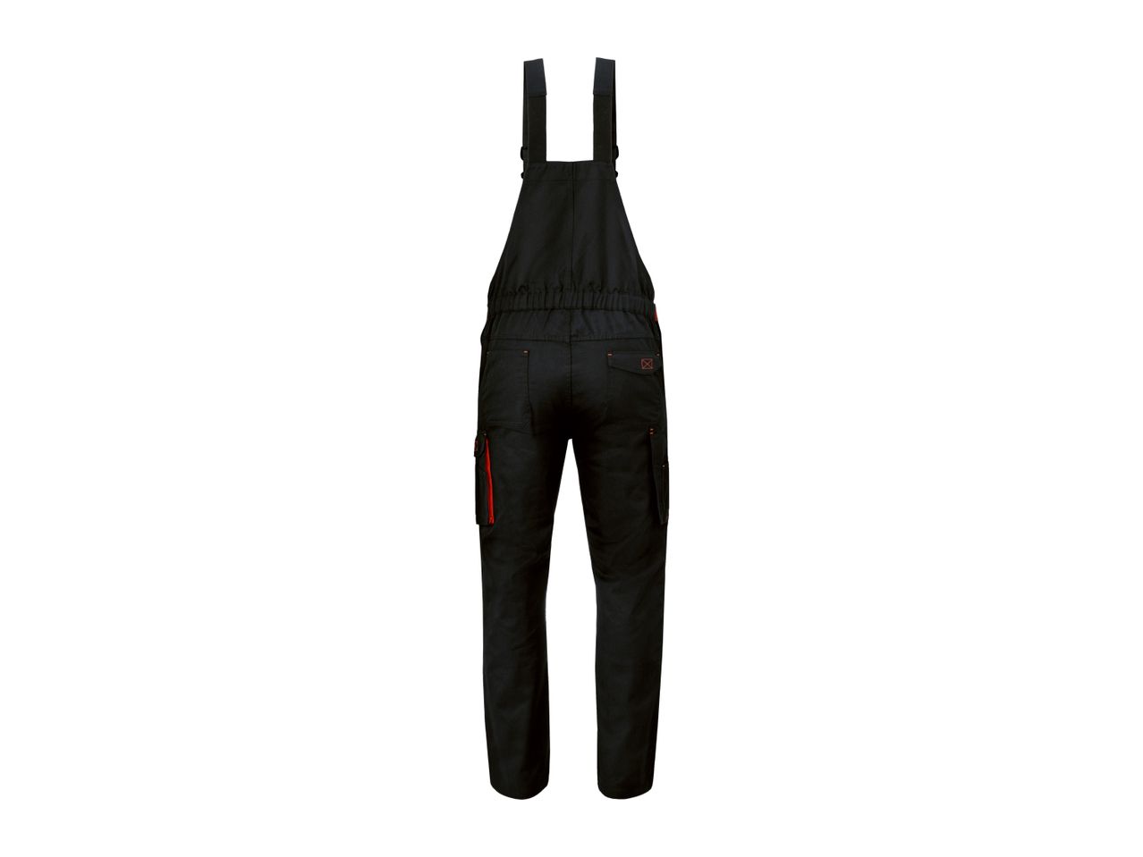 Black work dungarees with red accents, back view.
