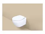White wall-mounted toilet with a closed lid against a beige wall.