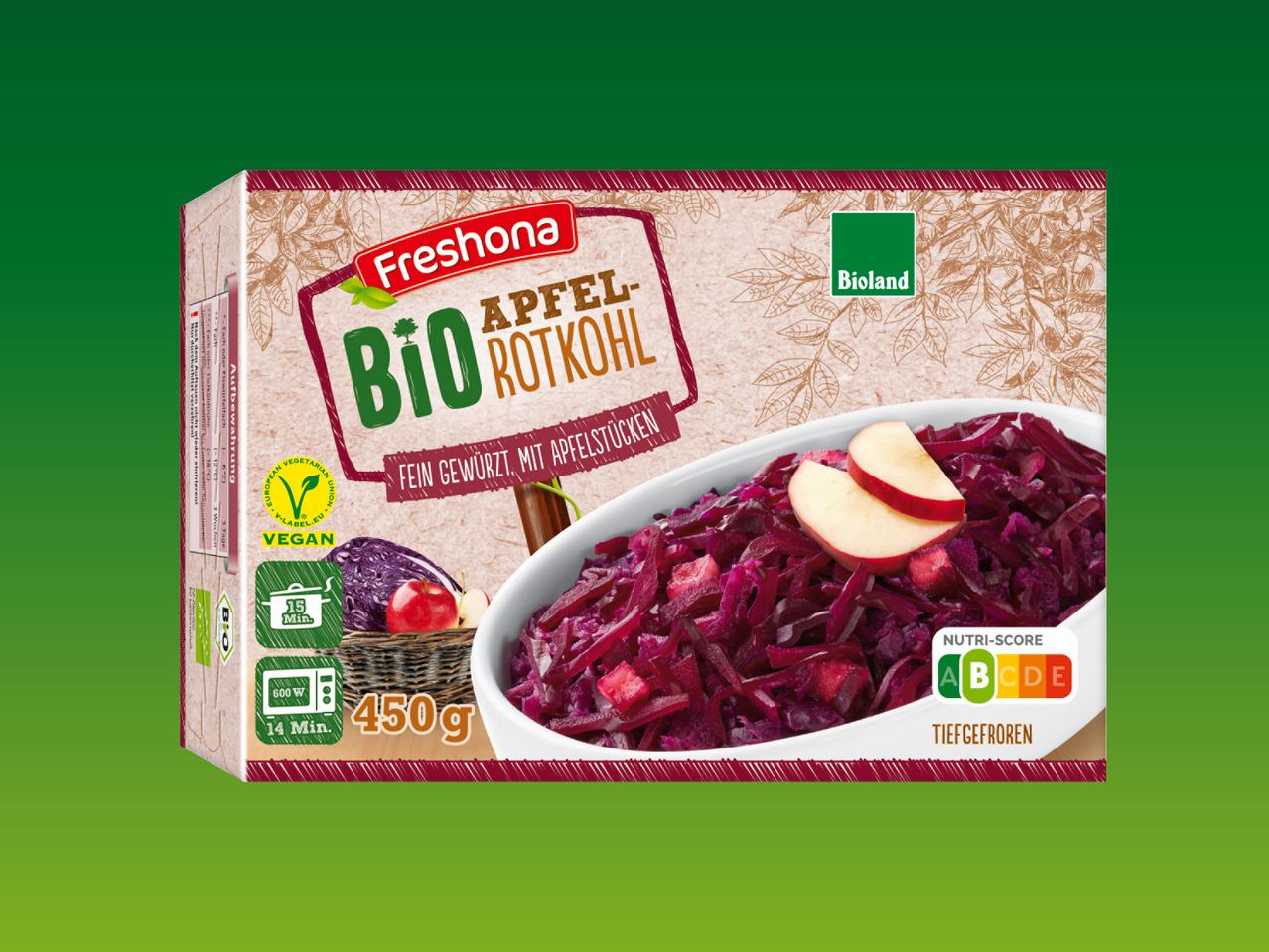 Bioland Freshoona Bio Apfel-Rotkohl, tiefgefroren, vegan.