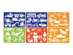 Six reusable stencils featuring vehicles, dinosaurs, and other fun designs for kids' crafts.