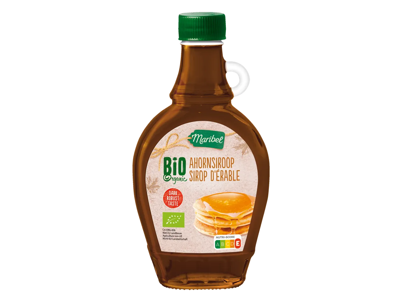 Maribel biologische ahornsiroop, donkere, volle smaak, voor pannenkoeken.