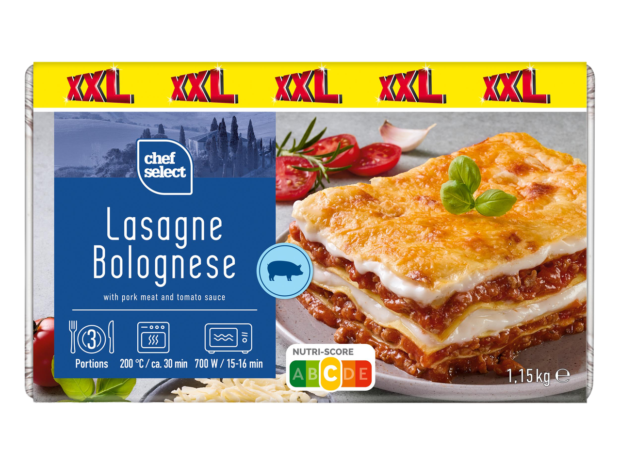 XXL méretű lasagne bolognese sertéshússal és paradicsomszósszal, 1,15 kg-os kiszerelésben.