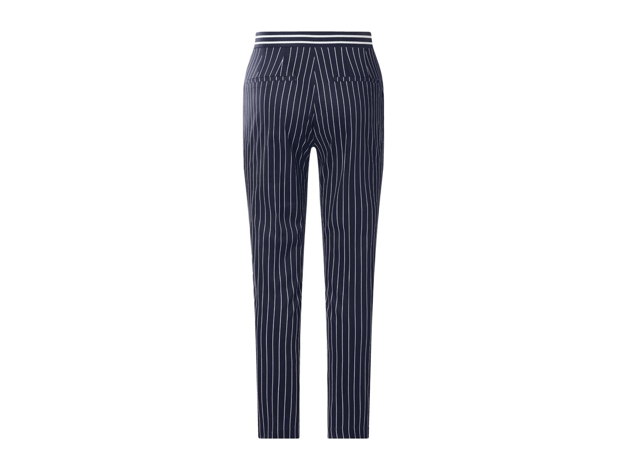 Women's navy blue pinstripe trousers with an elasticated waistband.