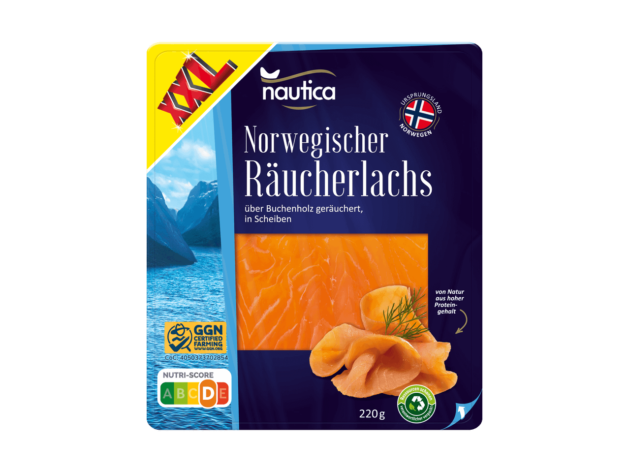 Packung norwegischer Räucherlachs von Nautica.