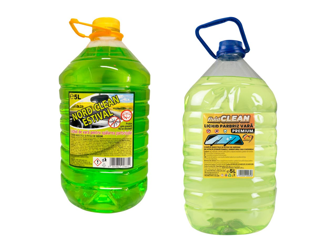 Două bidoane de 5L cu lichid verde pentru spălarea parbrizului, unul cu etichetă „Nord Clean Estival” și altul „Fluid Clean Premium”.