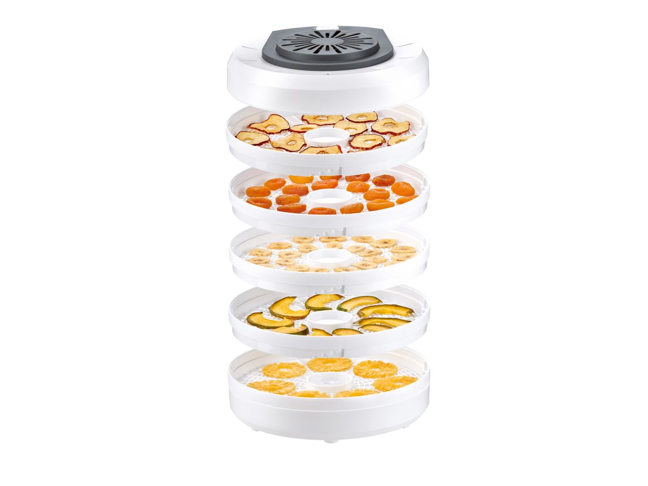 A stackable food dehydrator with multiple trays filled with various dehydrated foods.
