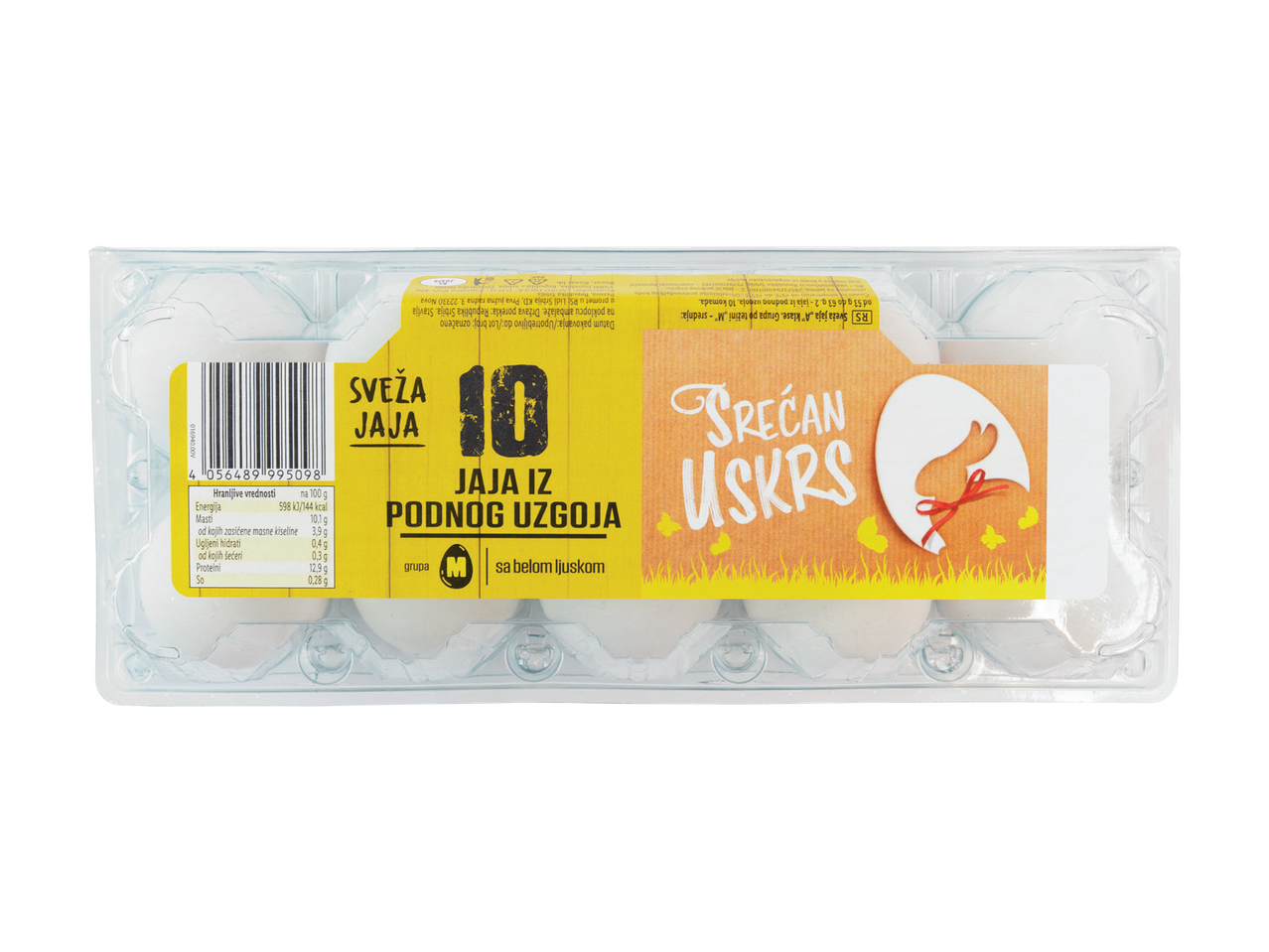 Pakovanje od 10 svežih jaja M klase iz podnog uzgoja sa belom ljuskom, sa natpisom Srećan Uskrs.