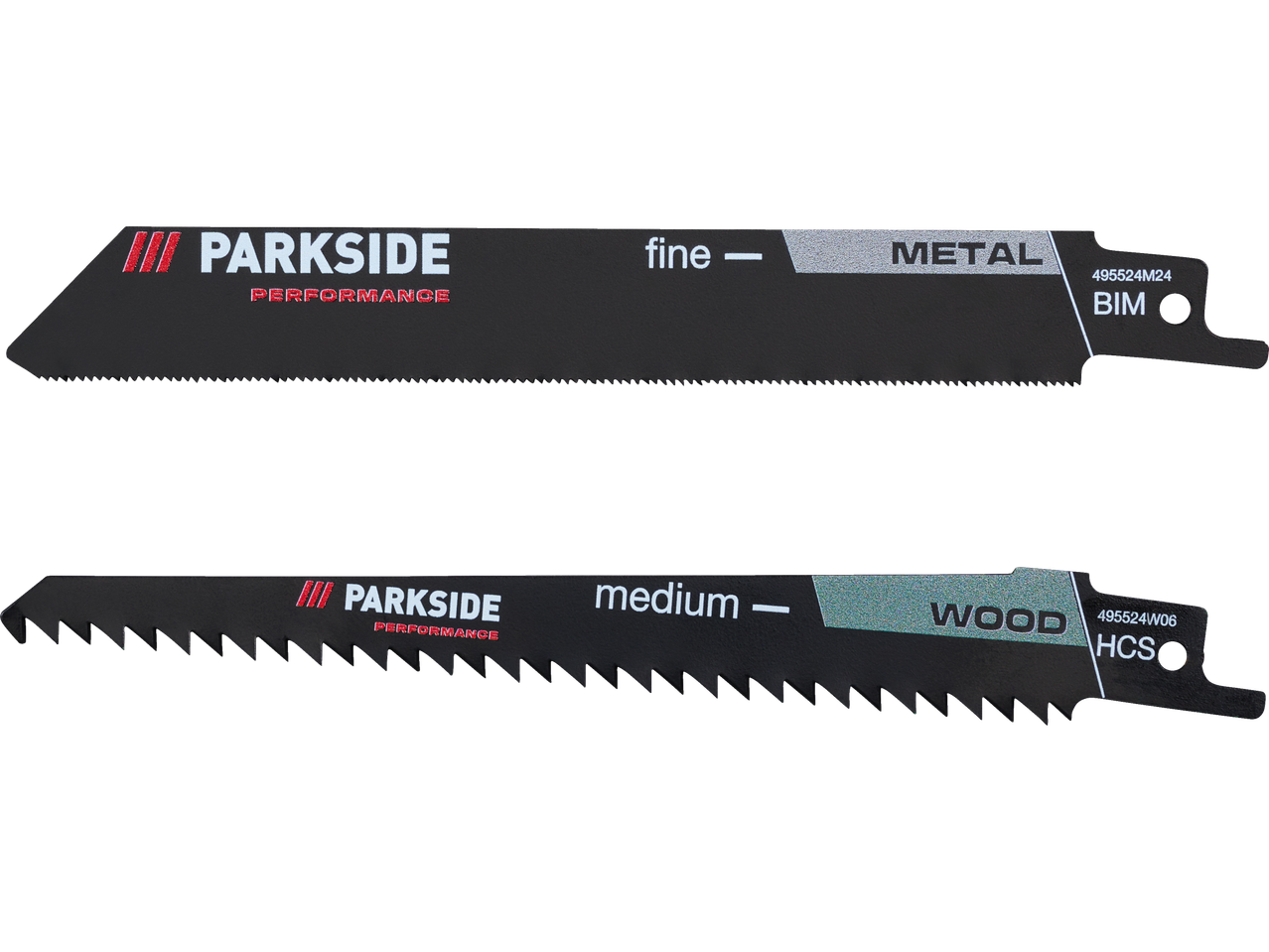 Két Parkside Performance orrfűrészlap: finom fémhez és közepes fához.