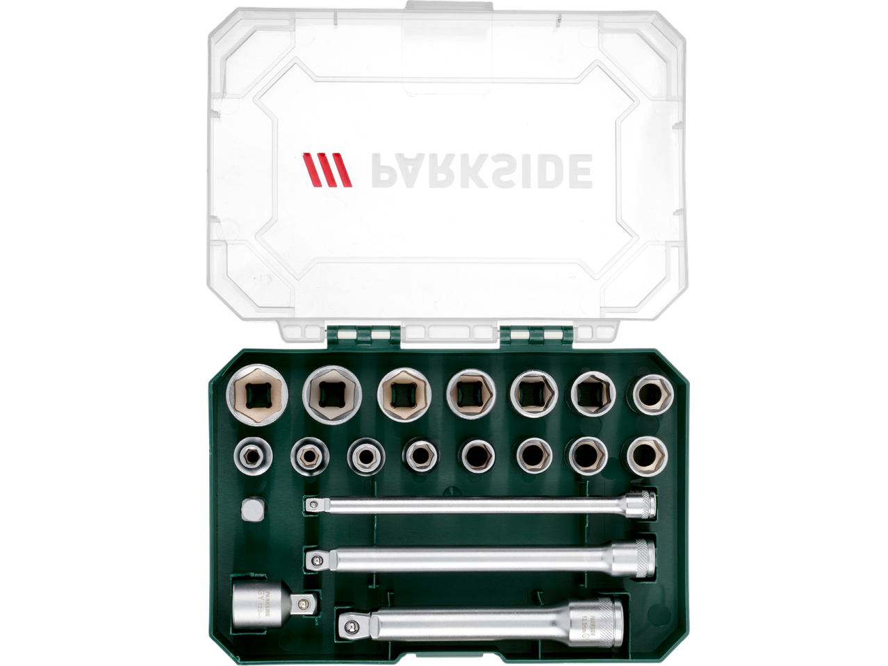 Öppen verktygslåda med hylsnyckelsats och förlängningsstänger.