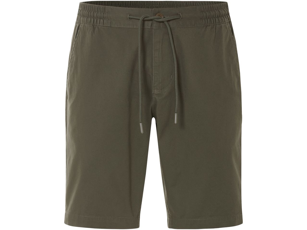 Olive green men's drawstring shorts.