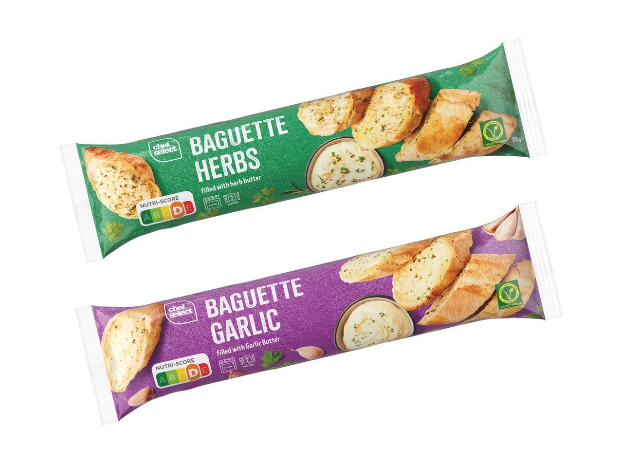 Dve pakiranji baget, ena z zelišči in druga s česnom, obe z oznako Nutri-Score.