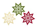 Three felt snowflake decorations in green, red, and cream colors.
