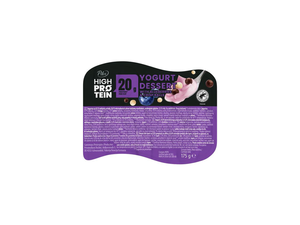 Pilos High Protein jogurt z borovnicami in hrustljavimi kroglicami, 175 g.