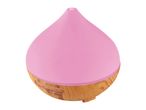 Pink teardrop-shaped essential oil diffuser with wooden base.