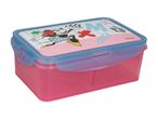 Pink lunchbox with a blue lid featuring a Minnie Mouse design and grid pattern.