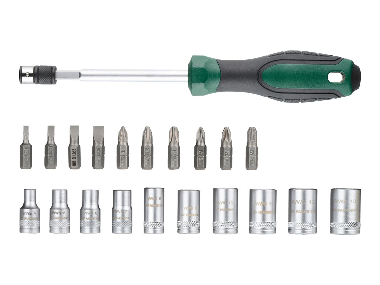 Screwdriver set with various bits and sockets, including flathead, Phillips, and Pozidriv.