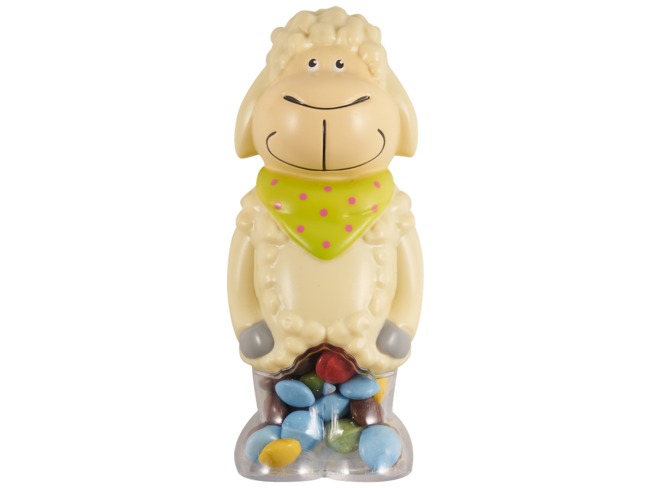 Schaapvormige snoepdispenser met kleurrijke chocoladelinsen