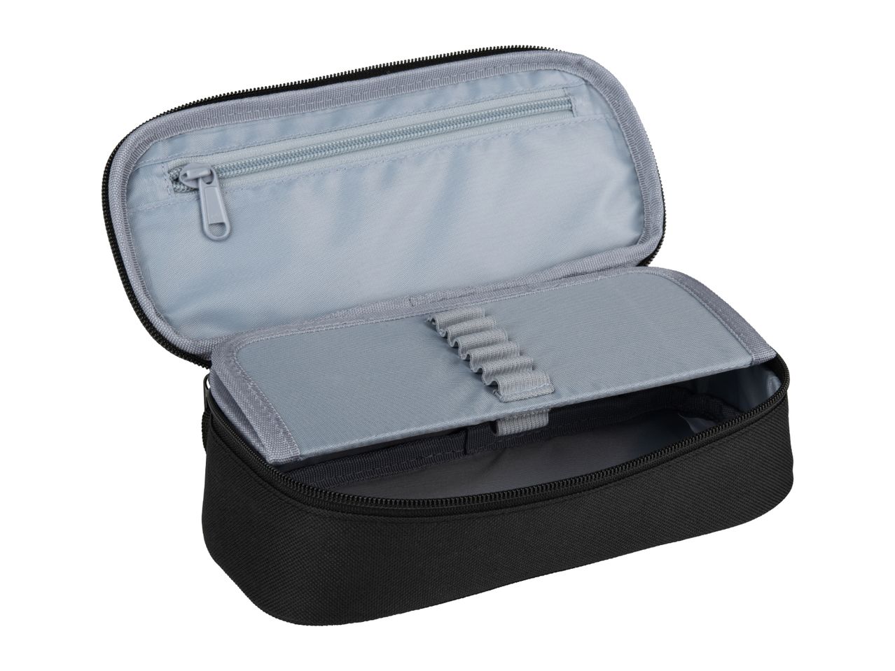 A black pencil case with a light gray interior and pen slots is open.