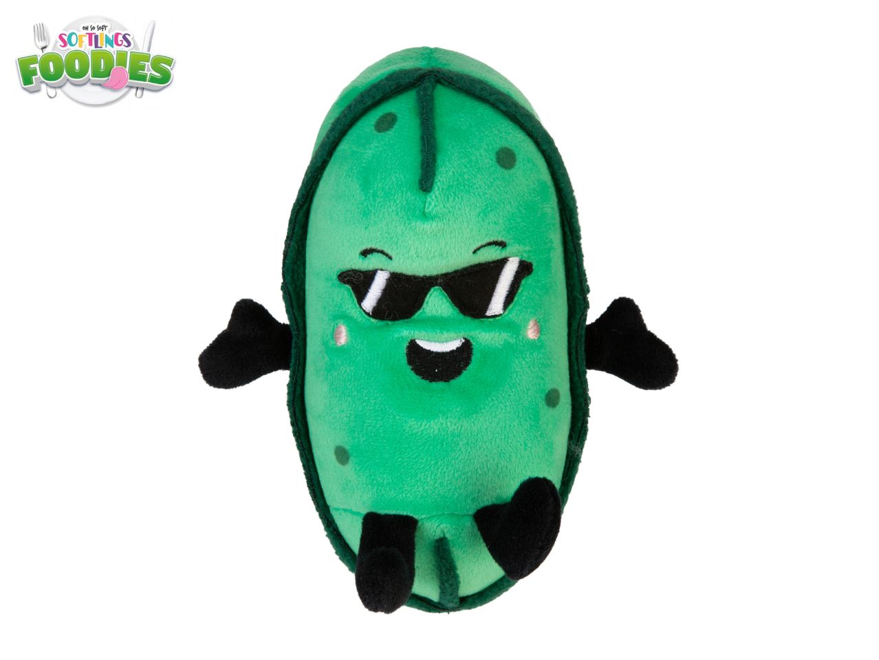 Green pickle plush toy with sunglasses and a smile, with a logo that says 'Oh So Soft Softlings Foodies'.