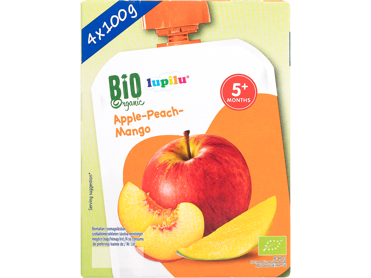 Plicuri cu mâncare pentru bebeluși Lupilu Bio organic, mere-piersici-mango (4x100g)