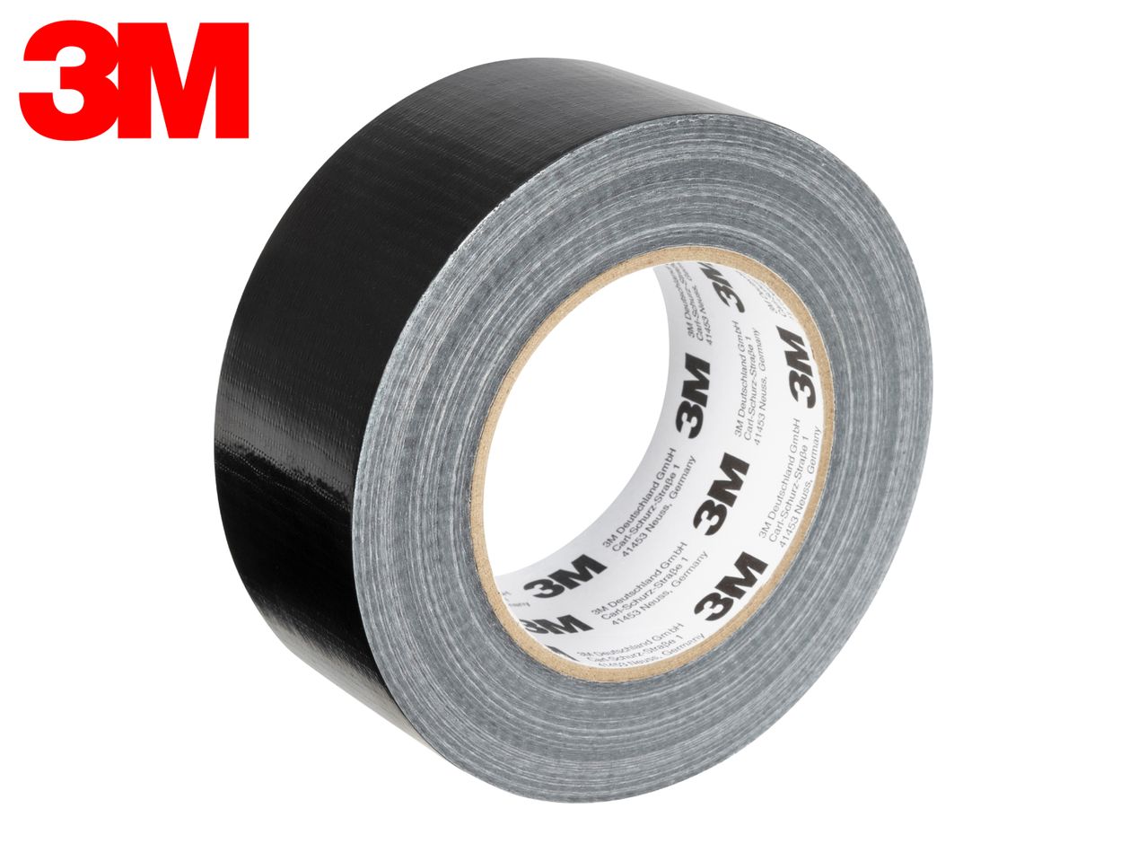 Roll of black duct tape with a gray core, featuring repeated text on the core.