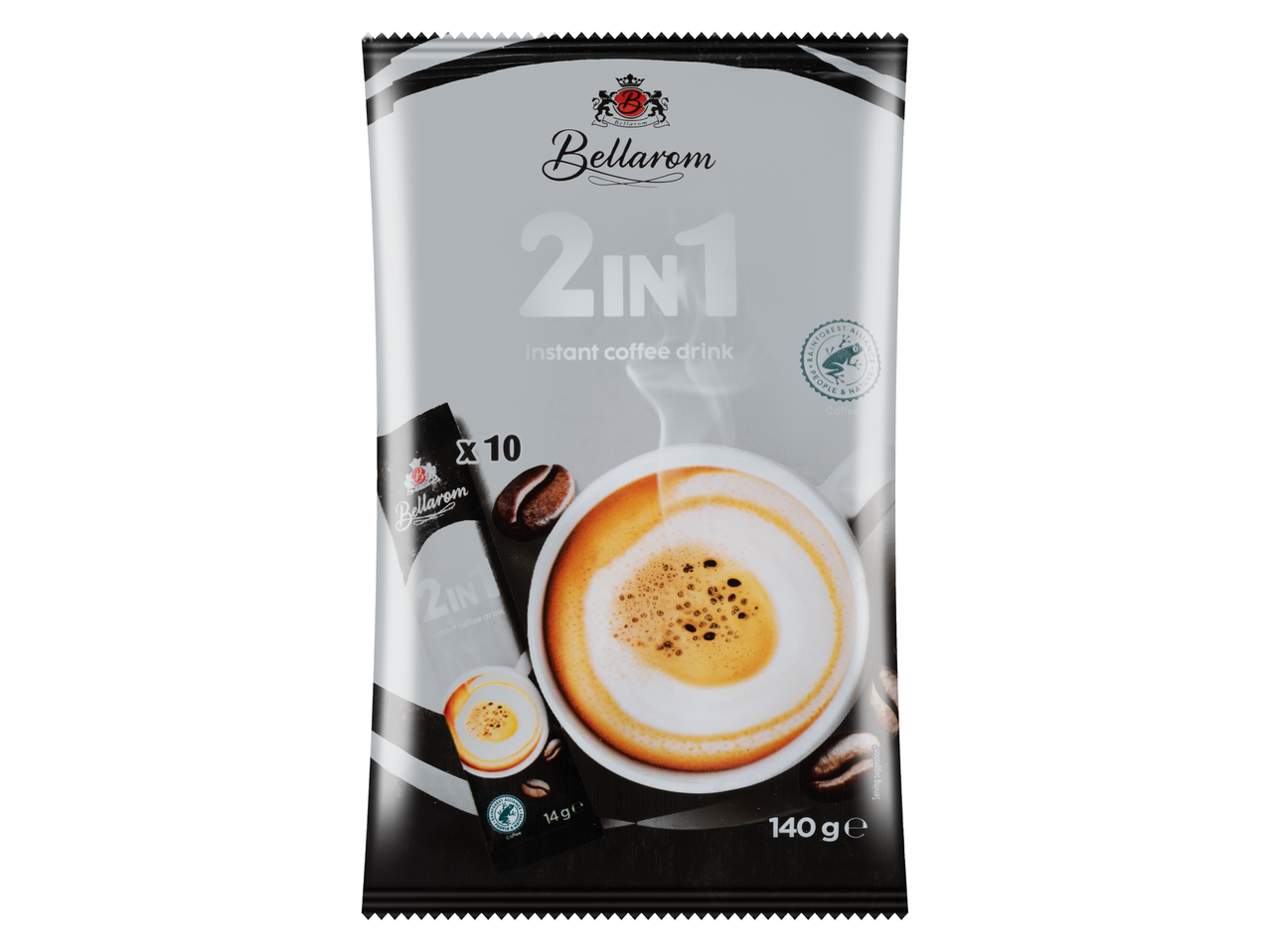 Bellarom 2in1 instant kávéital, 10 tasak, 140g-os csomag egy csésze kávéval.