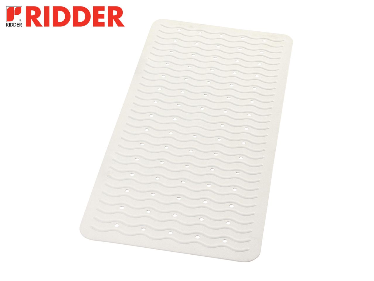 A white rectangular bath mat with a wavy pattern and drainage holes, branded RIDDER.