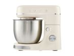 Cream-colored stand mixer with a stainless steel bowl and a dial with numbers.