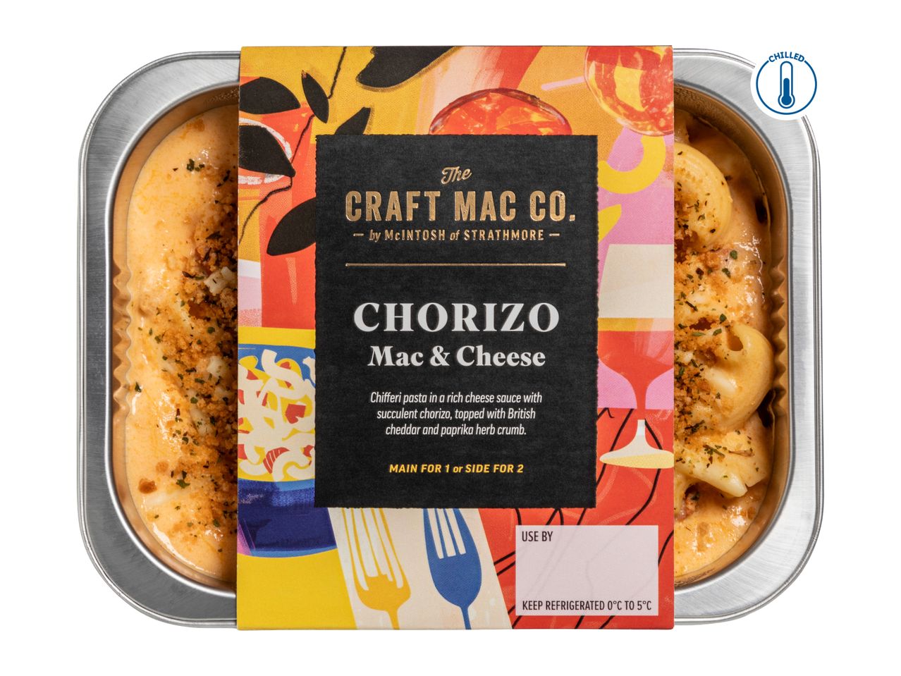 Chorizo Mac & Cheese ready meal in a foil tray with a colorful label, marked as chilled.