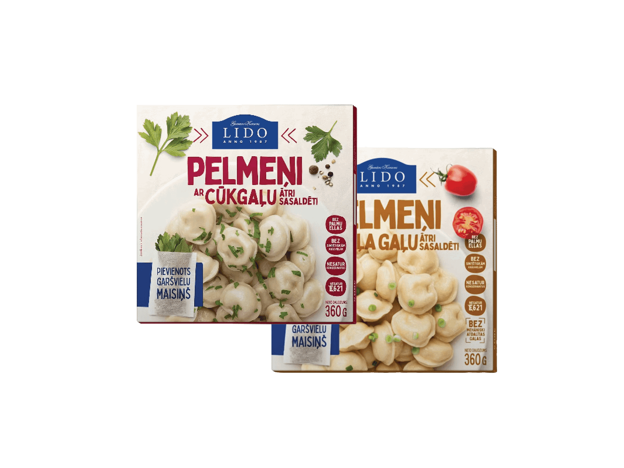 Kaks pakki pelmeene, üks sealiha ja teine lihaga, mõlemad 360g ja kiirkülmutatud.