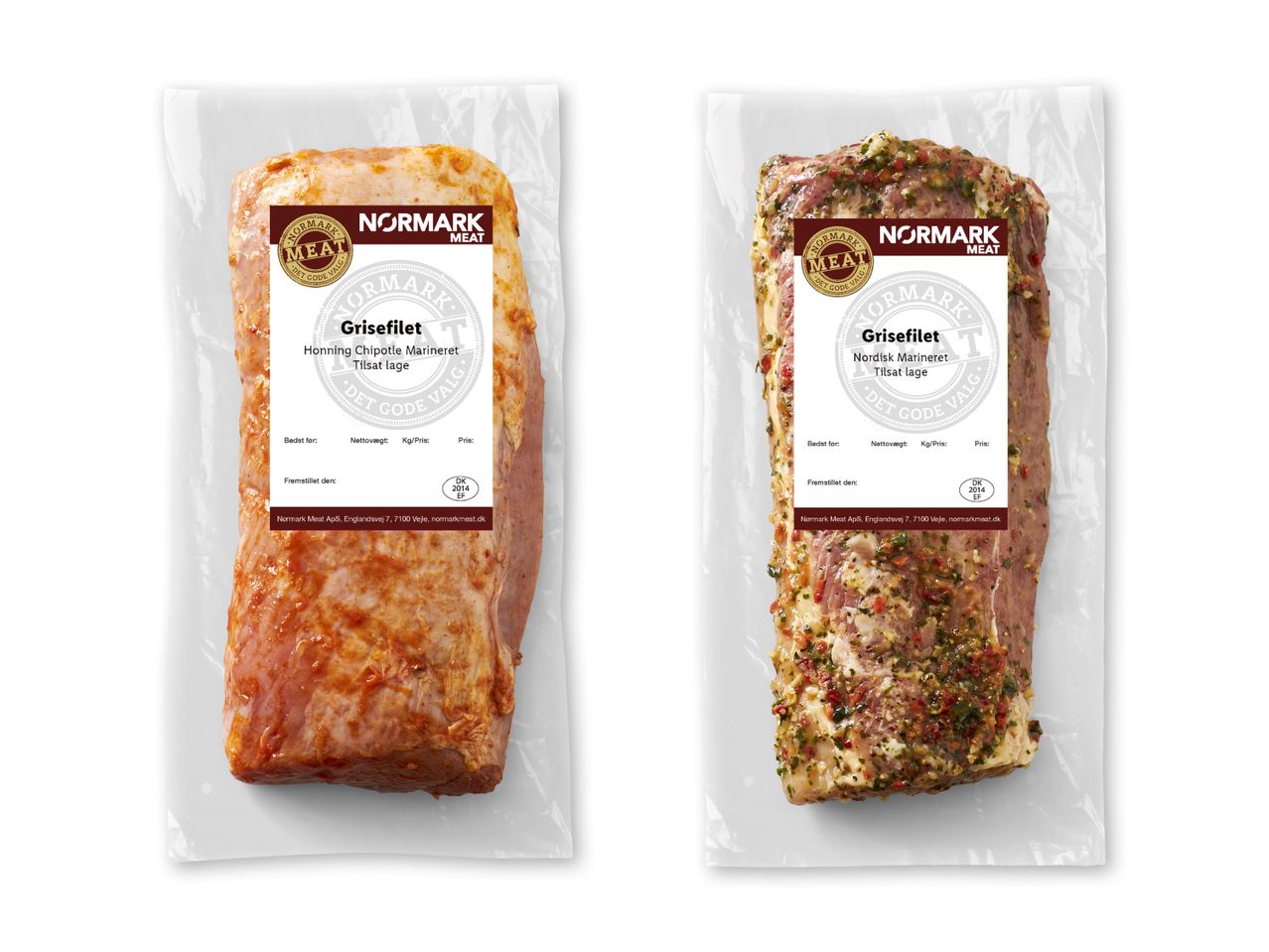 To vakuumpakkede Normark Grisefilet-produkter, den ene med honning-chipotle-marinade og den anden med nordisk marinade.
