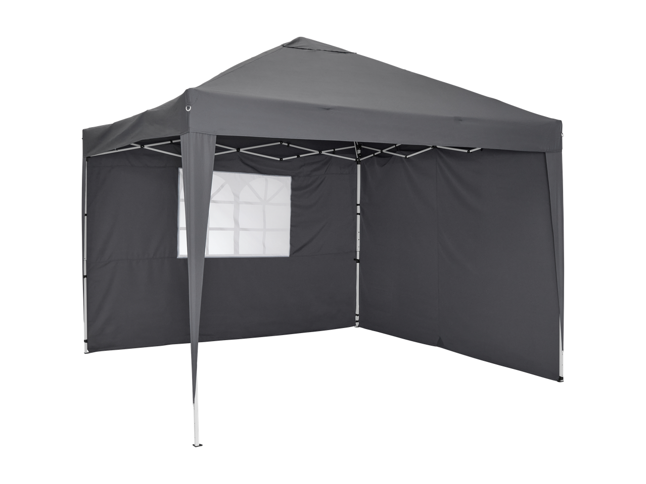 Siv šotor za zabave s stranskimi stenami in oknom.