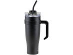 Black travel mug with lid and straw.
