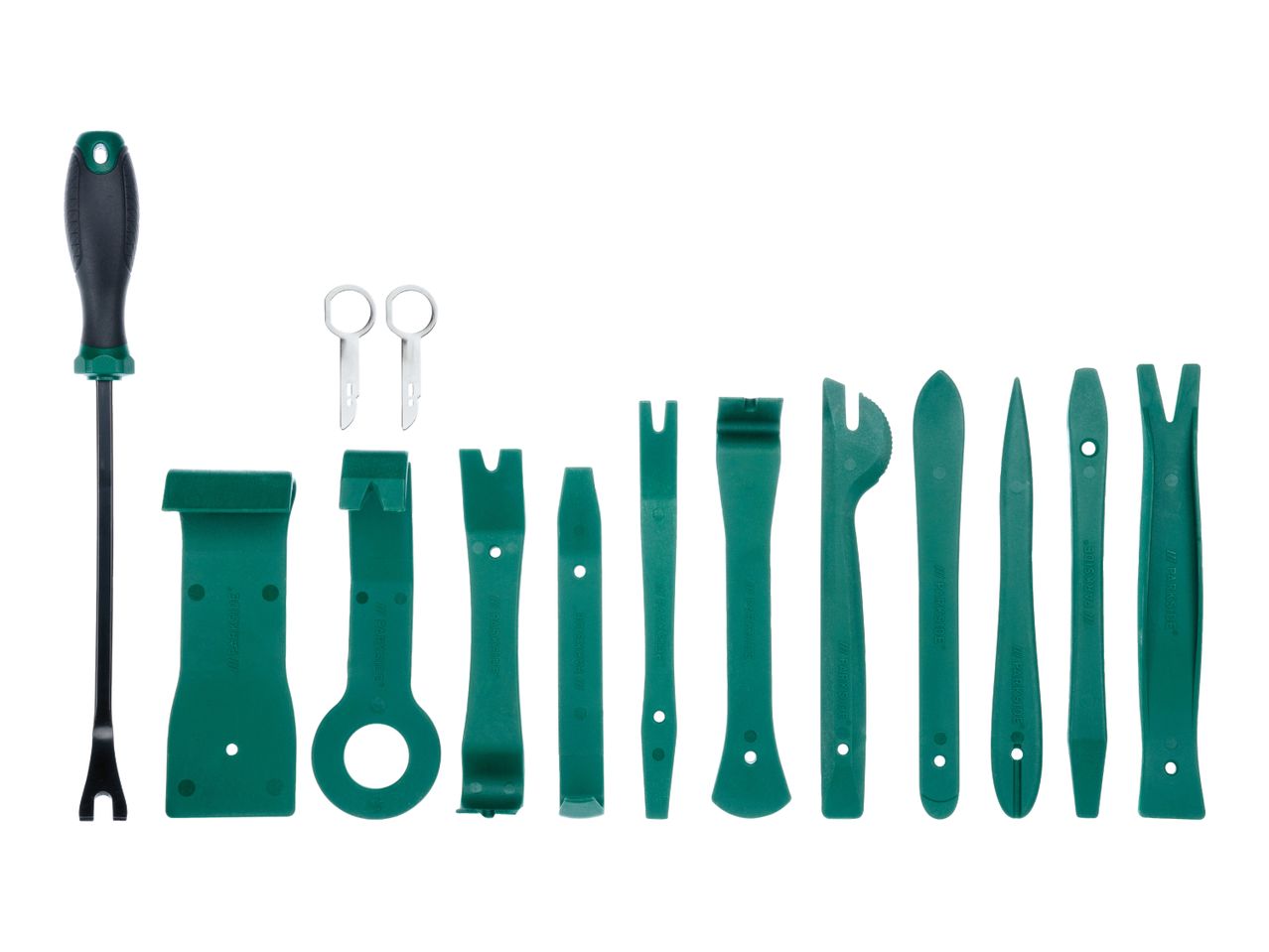 A 13-piece car trim removal tool set with plastic pry bars, metal keys, and a fastener remover.