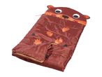 A brown children's sleeping bag with a cute otter face.