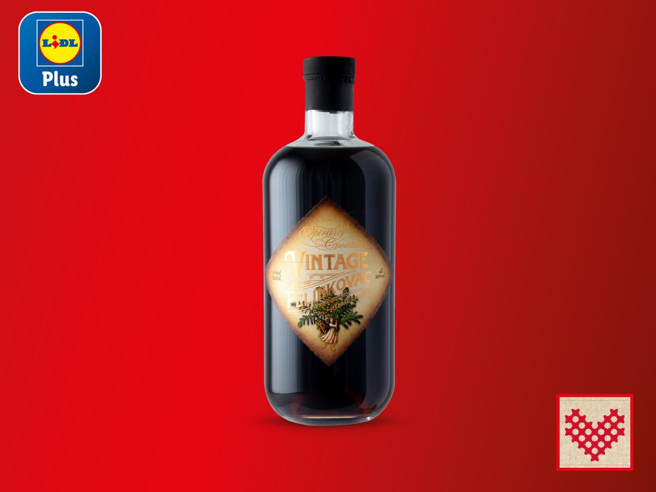 Bočica Pelinkovac Vintage na crvenoj pozadini, Lidl Plus.
