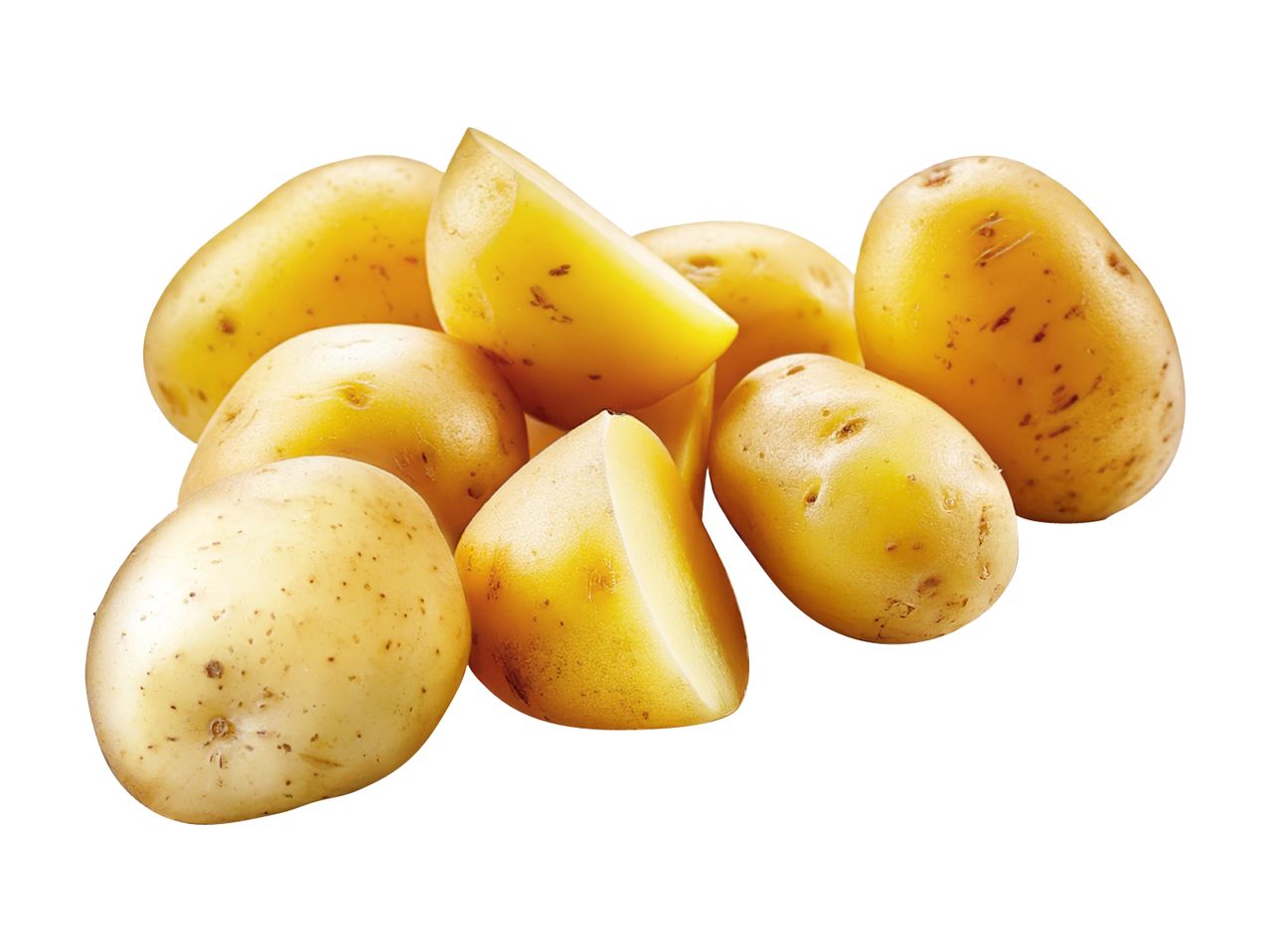 A pile of whole and cut yellow potatoes.