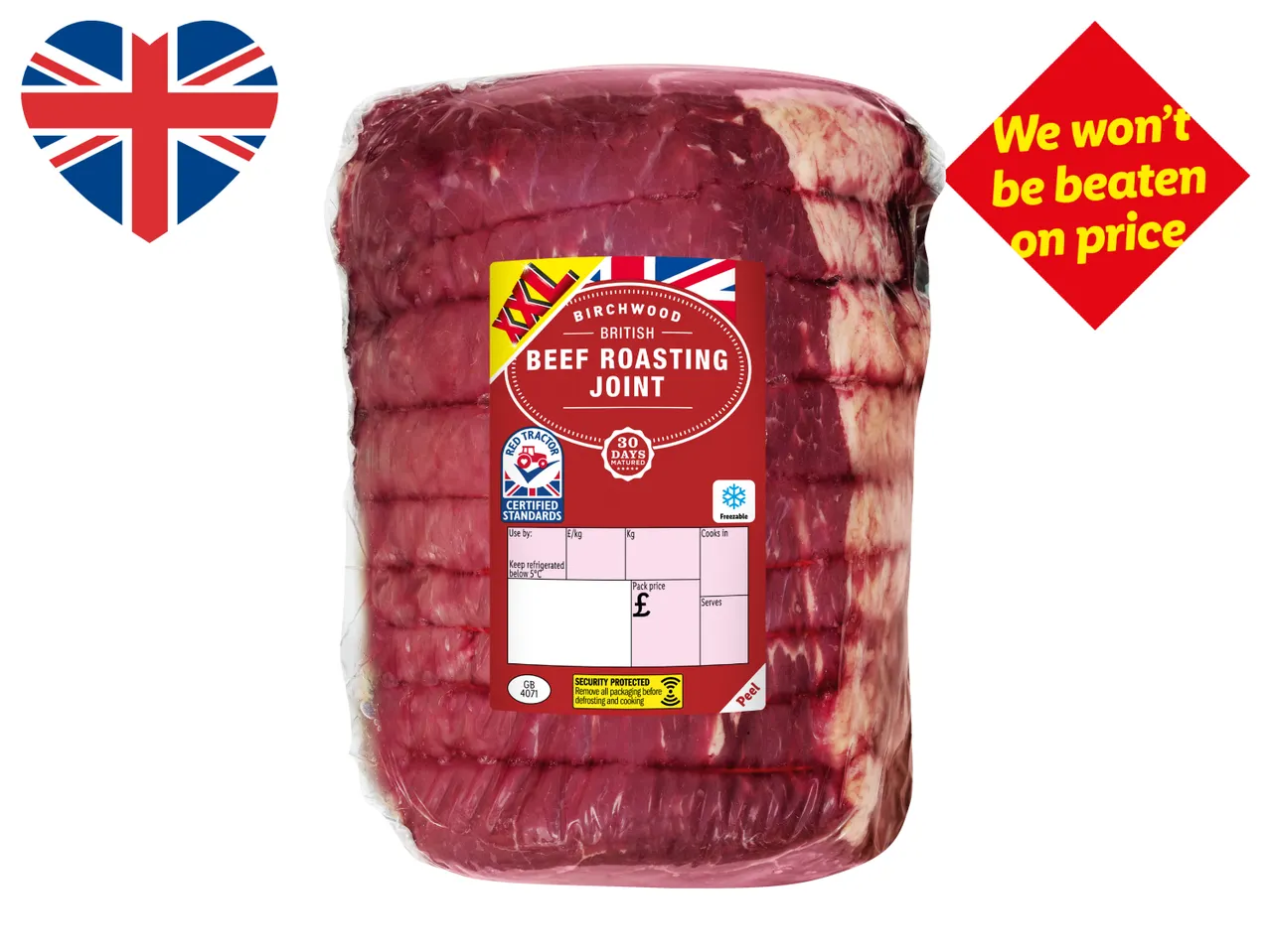 A British beef roasting joint with a label indicating it's Red Tractor certified and matured for 30 days, with a 'We won't be beaten on price' slogan.